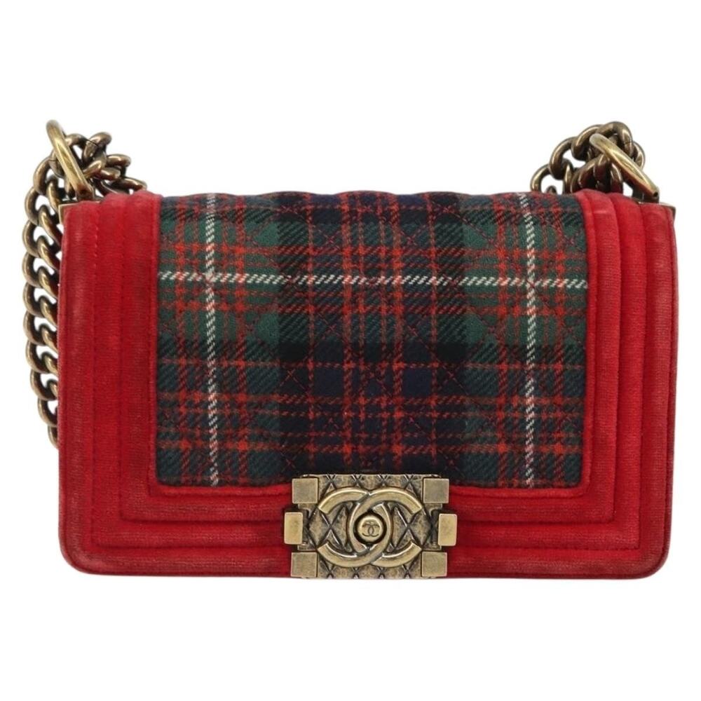 Chanel Boy Chain Shoulder Bag Velor Red Velour